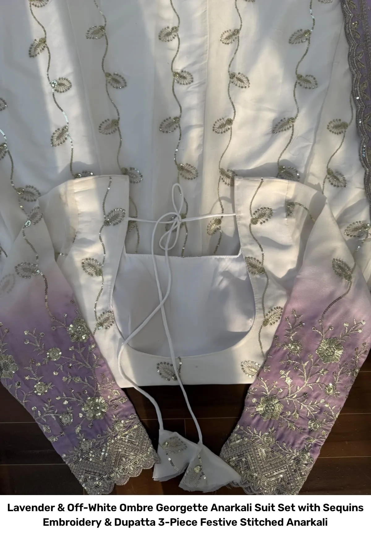 Lavender & Off-White Ombre Georgette Anarkali Suit Set with Sequins Embroidery & Dupatta – 3-Piece Festive Stitched Anarkali 14
