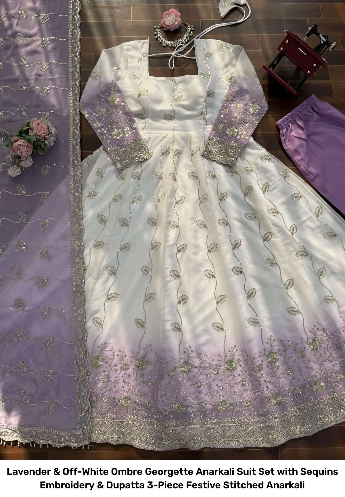 Lavender & Off-White Ombre Georgette Anarkali Suit Set with Sequins Embroidery & Dupatta – 3-Piece Festive Stitched Anarkali 15