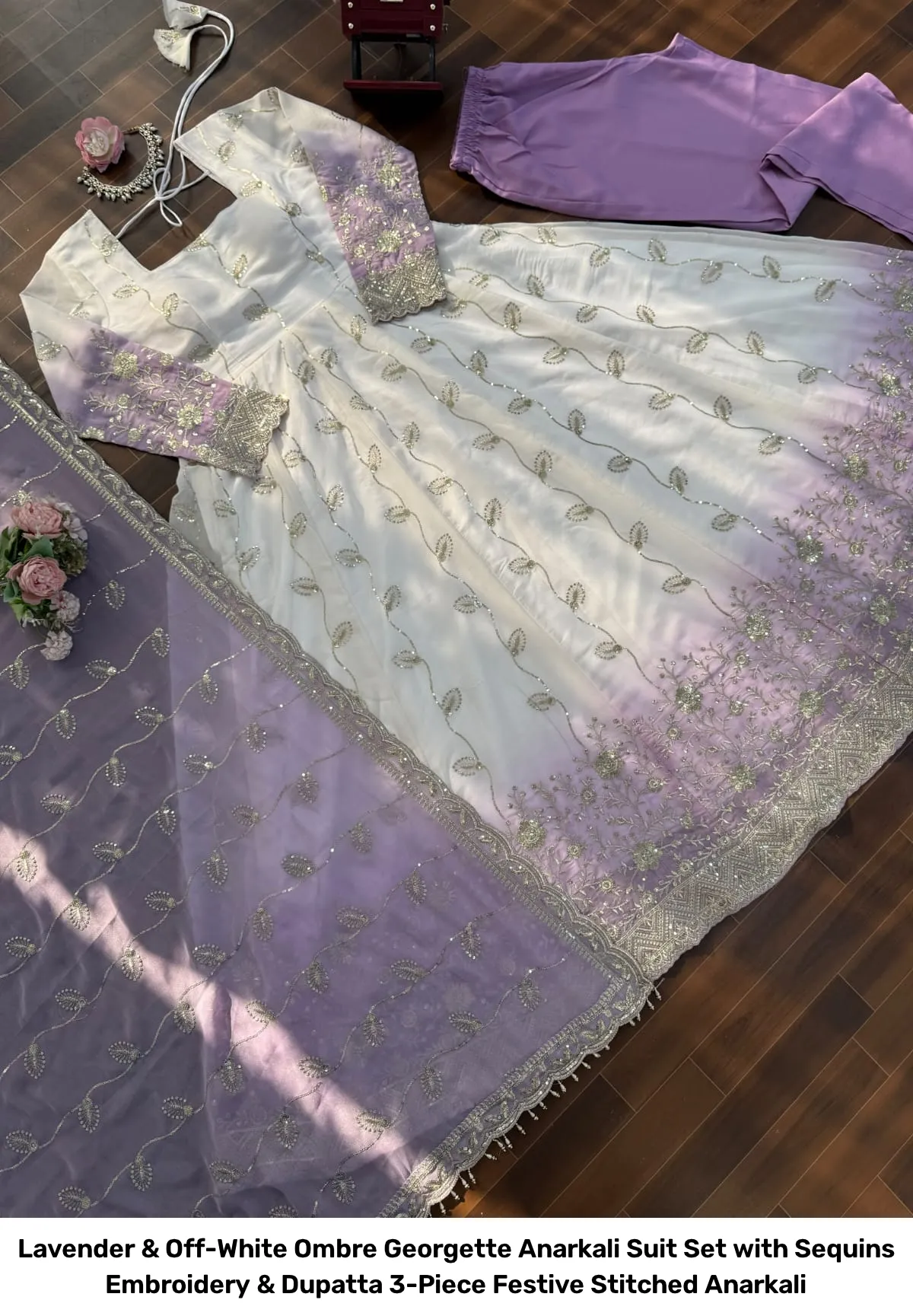 Lavender & Off-White Ombre Georgette Anarkali Suit Set with Sequins Embroidery & Dupatta – 3-Piece Festive Stitched Anarkali 16