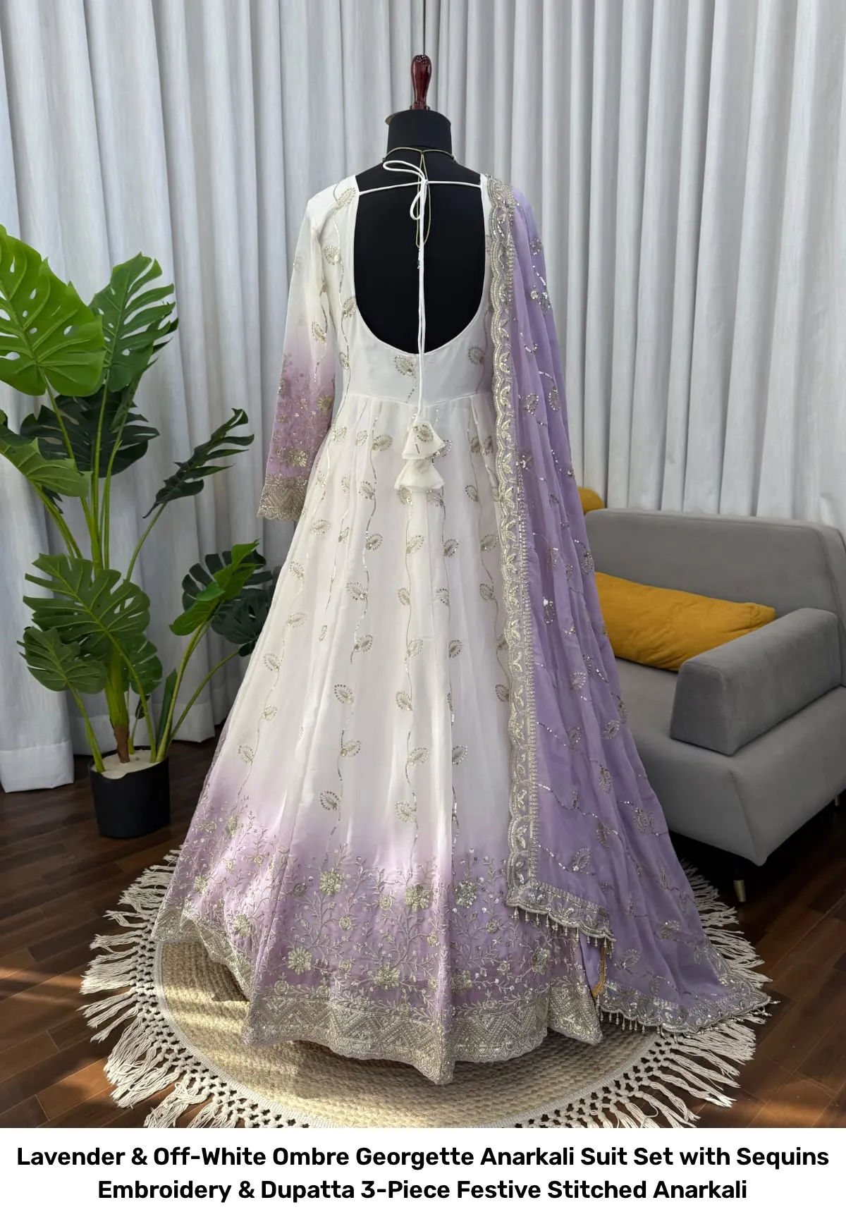 Lavender & Off-White Ombre Georgette Anarkali Suit Set with Sequins Embroidery & Dupatta – 3-Piece Festive Stitched Anarkali 17