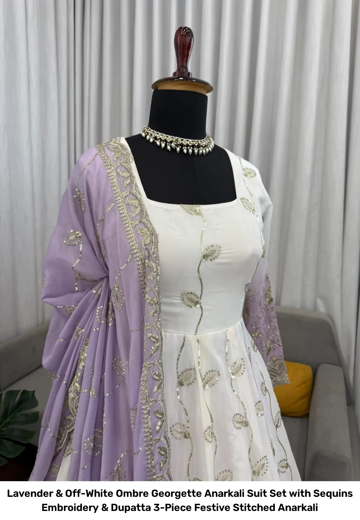 Lavender & Off-White Ombre Georgette Anarkali Suit Set with Sequins Embroidery & Dupatta – 3-Piece Festive Stitched Anarkali 18