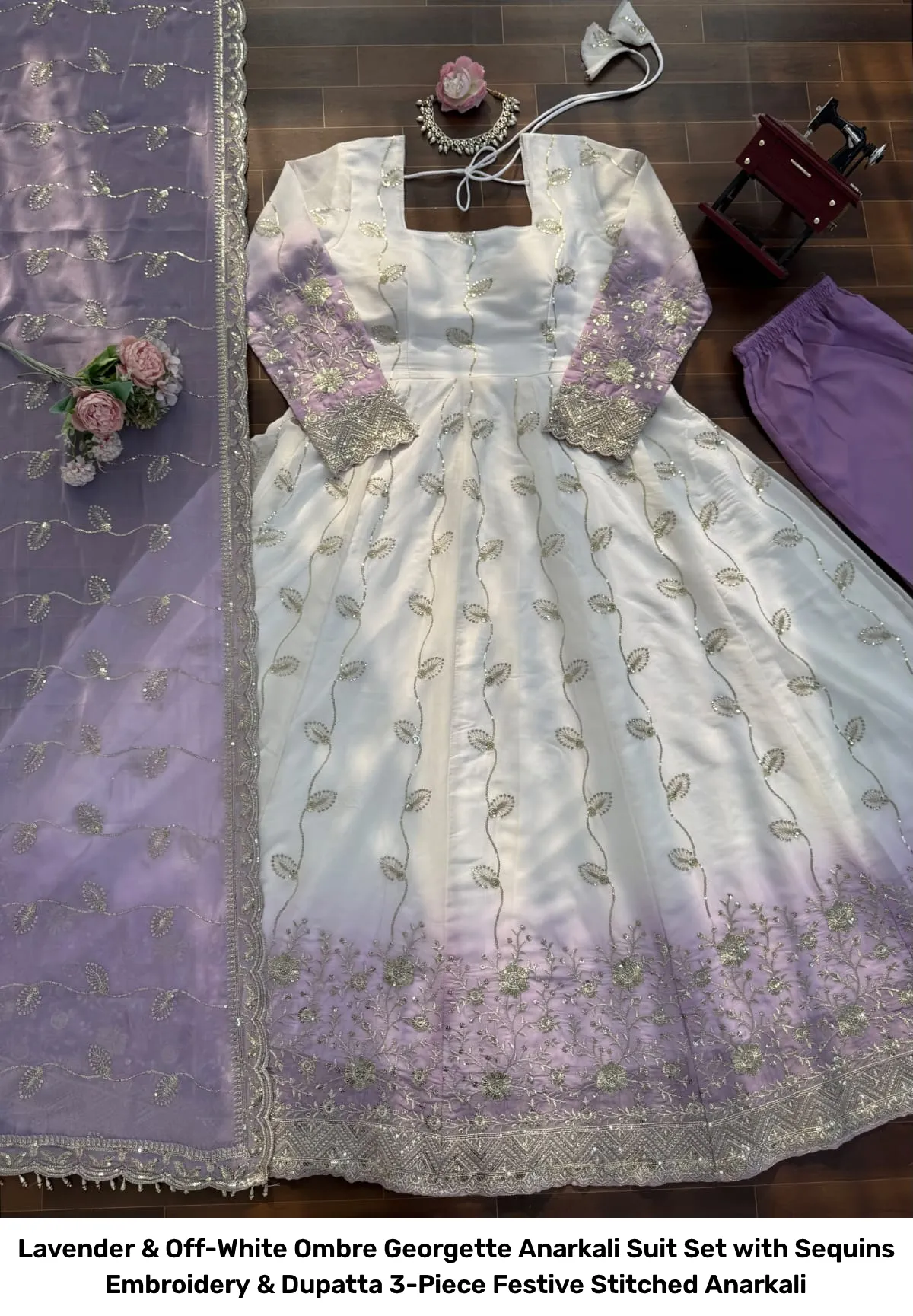 Lavender & Off-White Ombre Georgette Anarkali Suit Set with Sequins Embroidery & Dupatta – 3-Piece Festive Stitched Anarkali 2