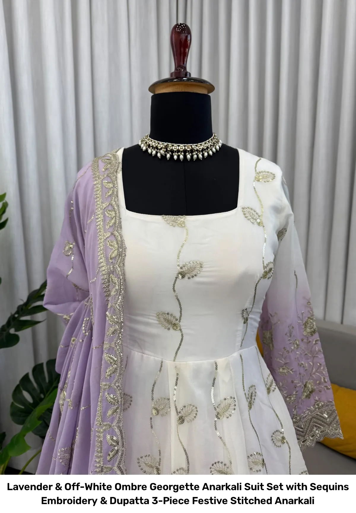 Lavender & Off-White Ombre Georgette Anarkali Suit Set with Sequins Embroidery & Dupatta – 3-Piece Festive Stitched Anarkali 3