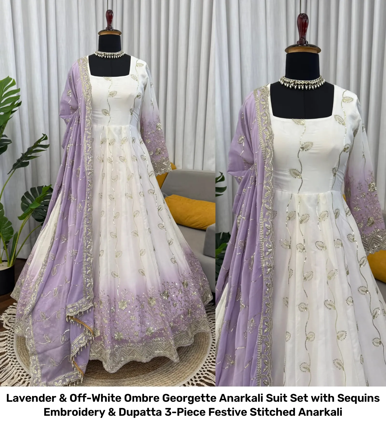 Lavender & Off-White Ombre Georgette Anarkali Suit Set with Sequins Embroidery & Dupatta – 3-Piece Festive Stitched Anarkali 4