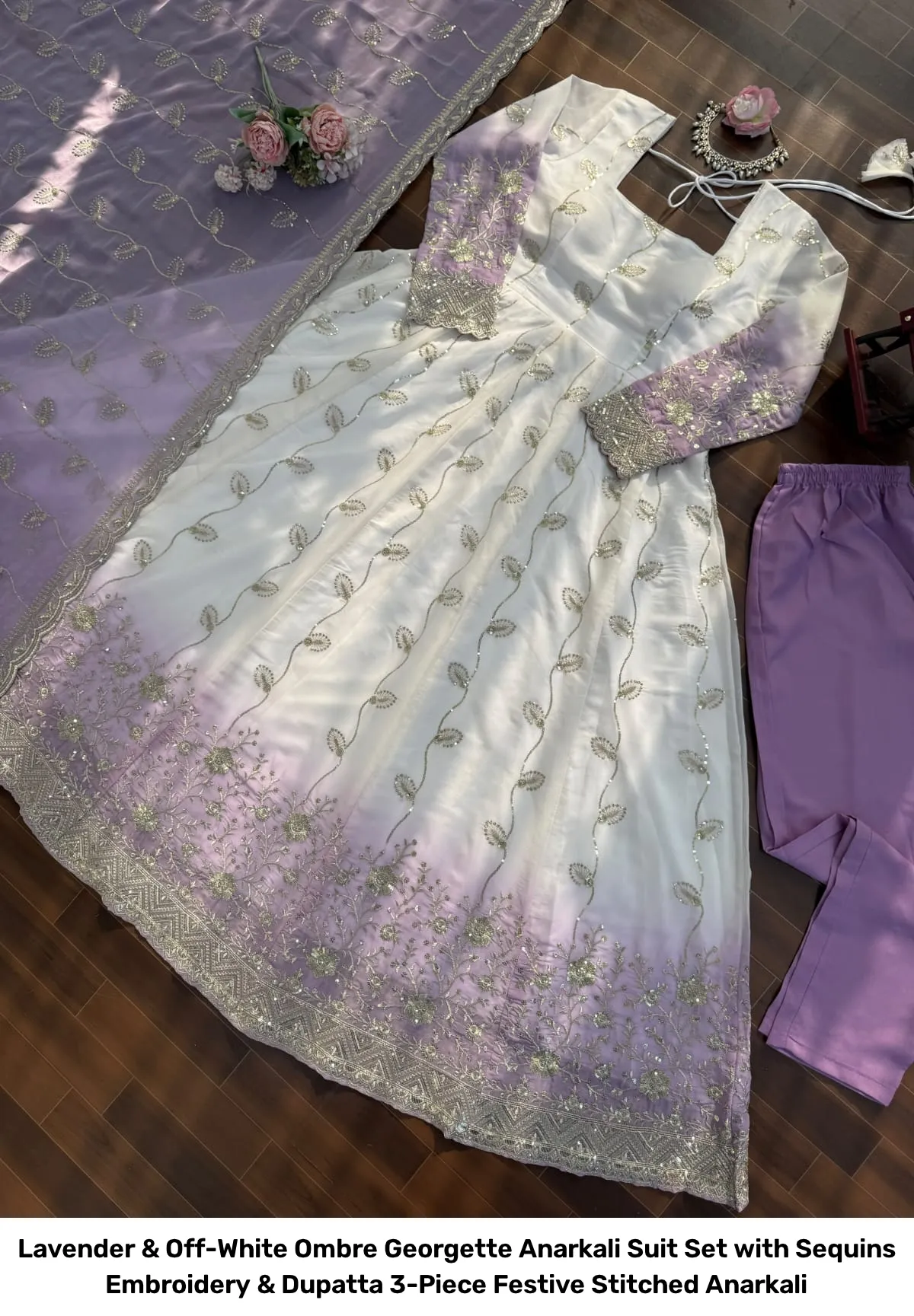 Lavender & Off-White Ombre Georgette Anarkali Suit Set with Sequins Embroidery & Dupatta – 3-Piece Festive Stitched Anarkali 5