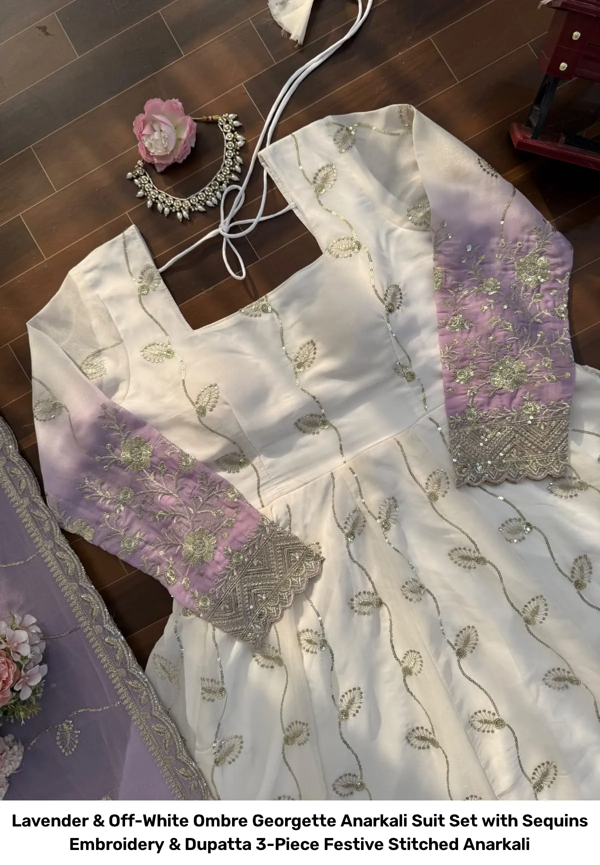 Lavender & Off-White Ombre Georgette Anarkali Suit Set with Sequins Embroidery & Dupatta – 3-Piece Festive Stitched Anarkali 7