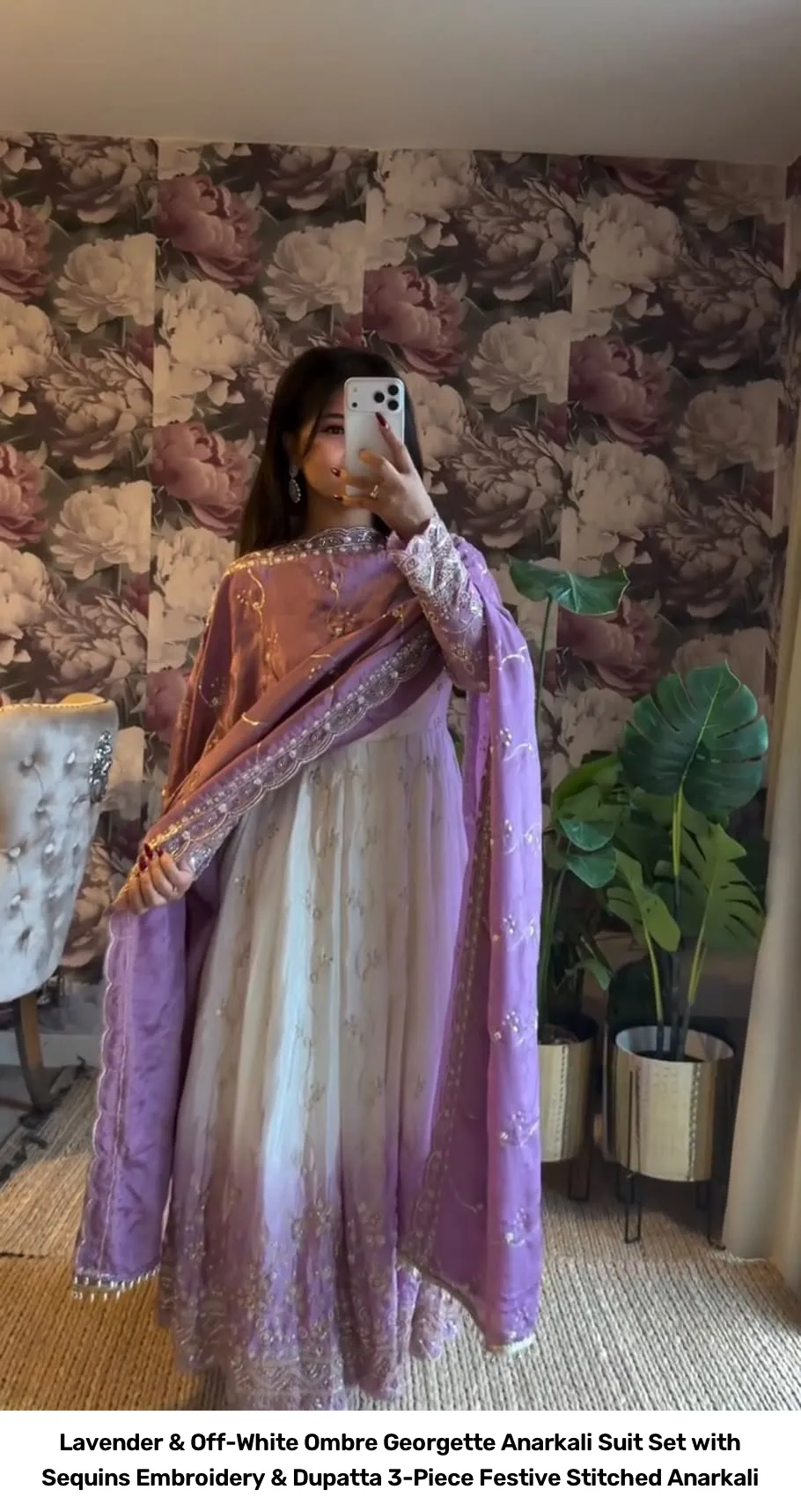 Lavender & Off-White Ombre Georgette Anarkali Suit Set with Sequins Embroidery & Dupatta – 3-Piece Festive Stitched Anarkali 8