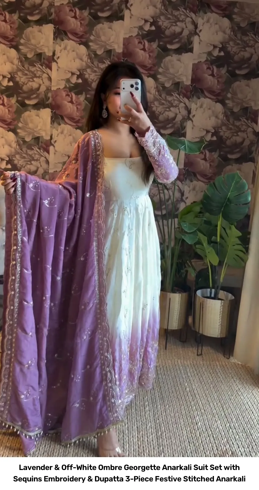 Lavender & Off-White Ombre Georgette Anarkali Suit Set with Sequins Embroidery & Dupatta – 3-Piece Festive Stitched Anarkali 9
