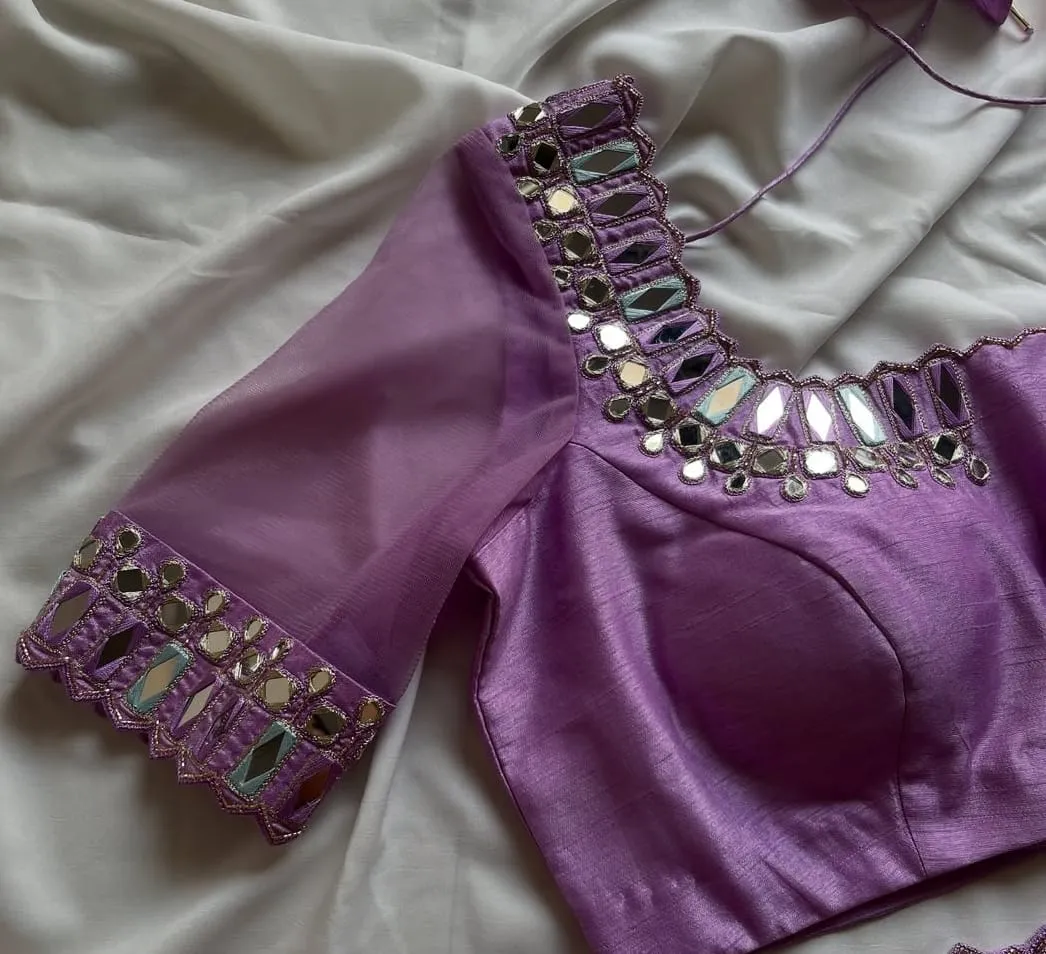 Lavender Silk Mirror Work Blouse with Sheer Sleeves