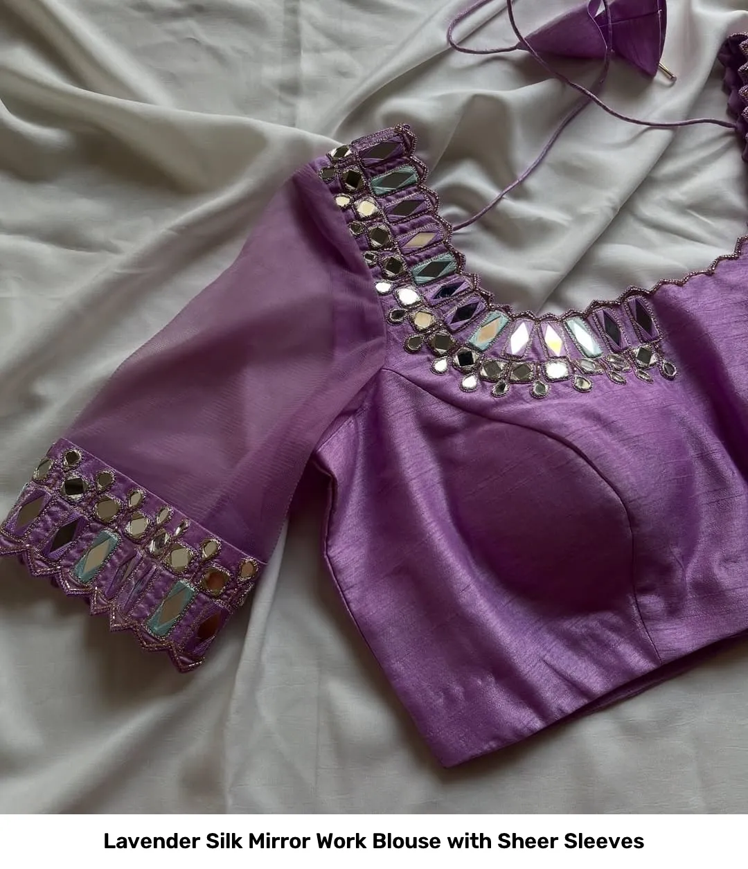 Lavender Silk Mirror Work Blouse with Sheer Sleeves 2