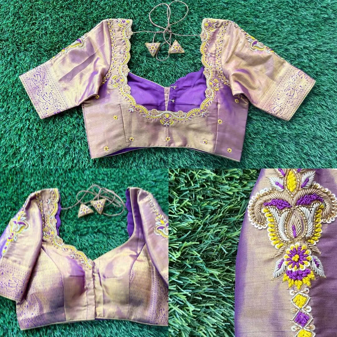 Lavender Tissue Silk Aari Work Readymade Blouse