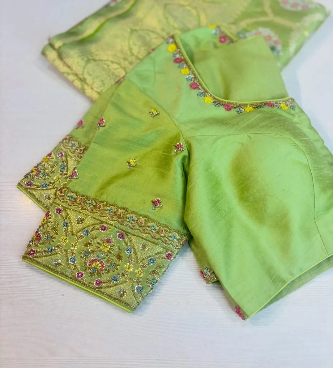 Light Green Raw Silk Designer Blouse with Zardosi Floral Maggam Work & Banarasi Silk Saree Set