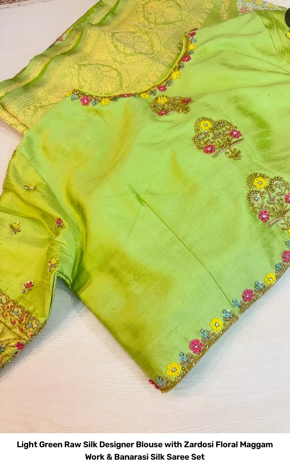 Light Green Raw Silk Designer Blouse with Zardosi Floral Maggam Work & Banarasi Silk Saree Set 2