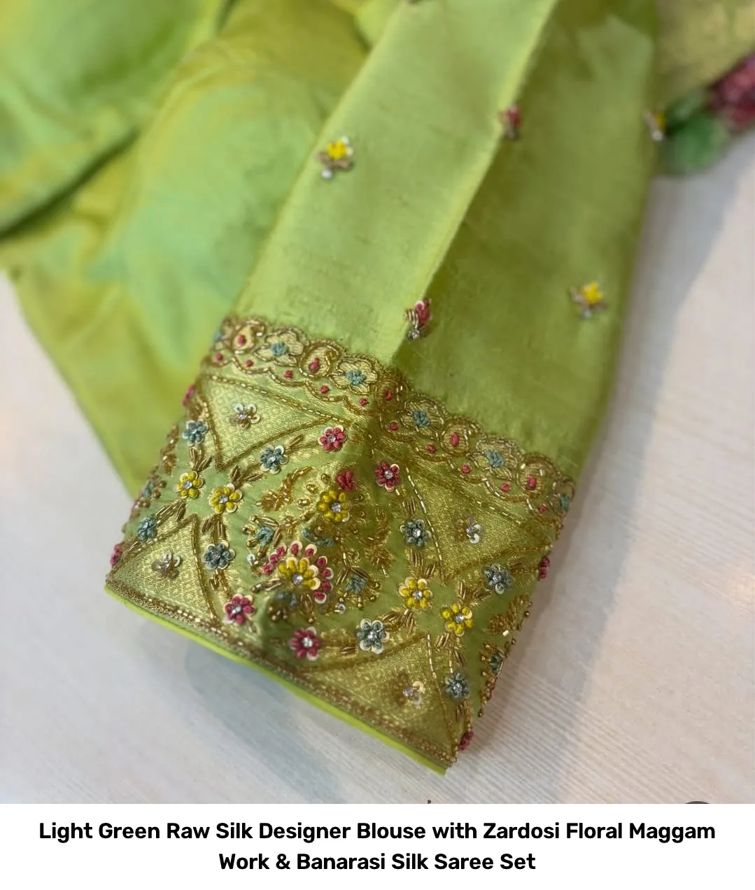 Light Green Raw Silk Designer Blouse with Zardosi Floral Maggam Work & Banarasi Silk Saree Set 3
