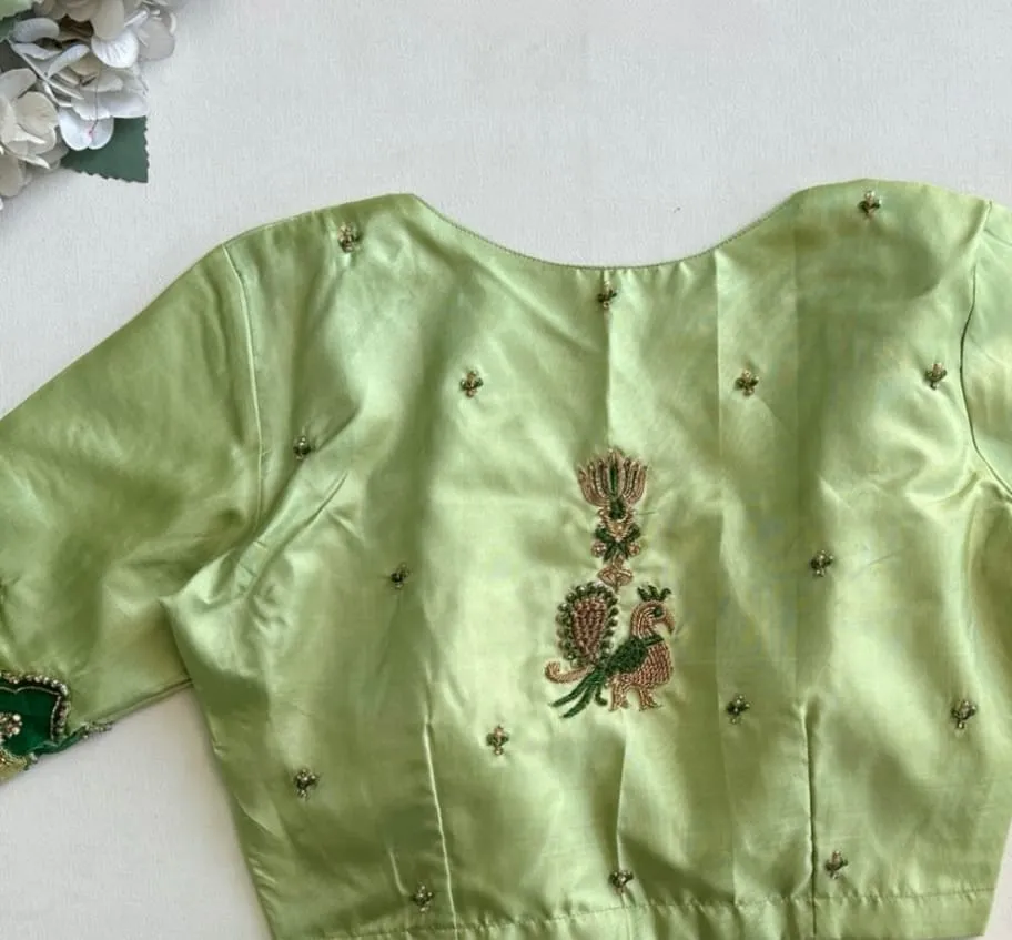 Light Green Silk Blouse with Handcrafted Peacock Maggam Work & Zari Border | Readymade Festive Wear
