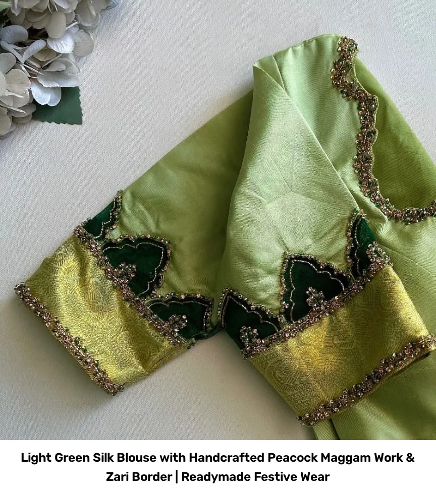Light Green Silk Blouse with Handcrafted Peacock Maggam Work & Zari Border | Readymade Festive Wear 2