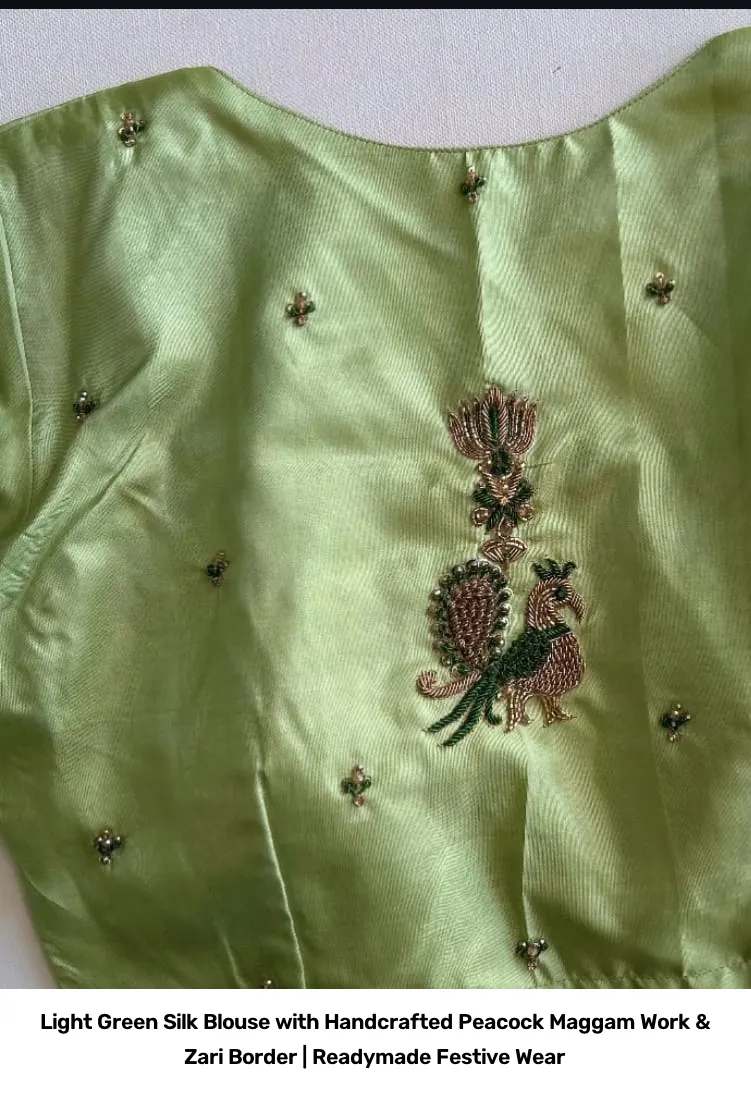 Light Green Silk Blouse with Handcrafted Peacock Maggam Work & Zari Border | Readymade Festive Wear 3