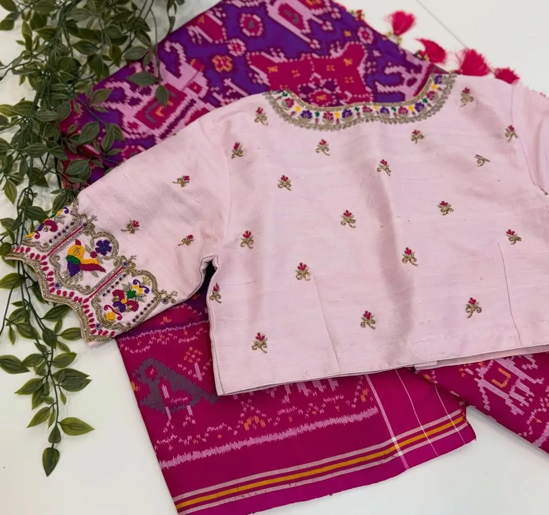 Light Pink Parrot Aari Work Blouse