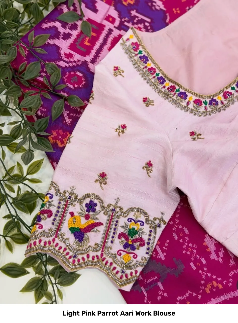 Light Pink Parrot Aari Work Blouse 2