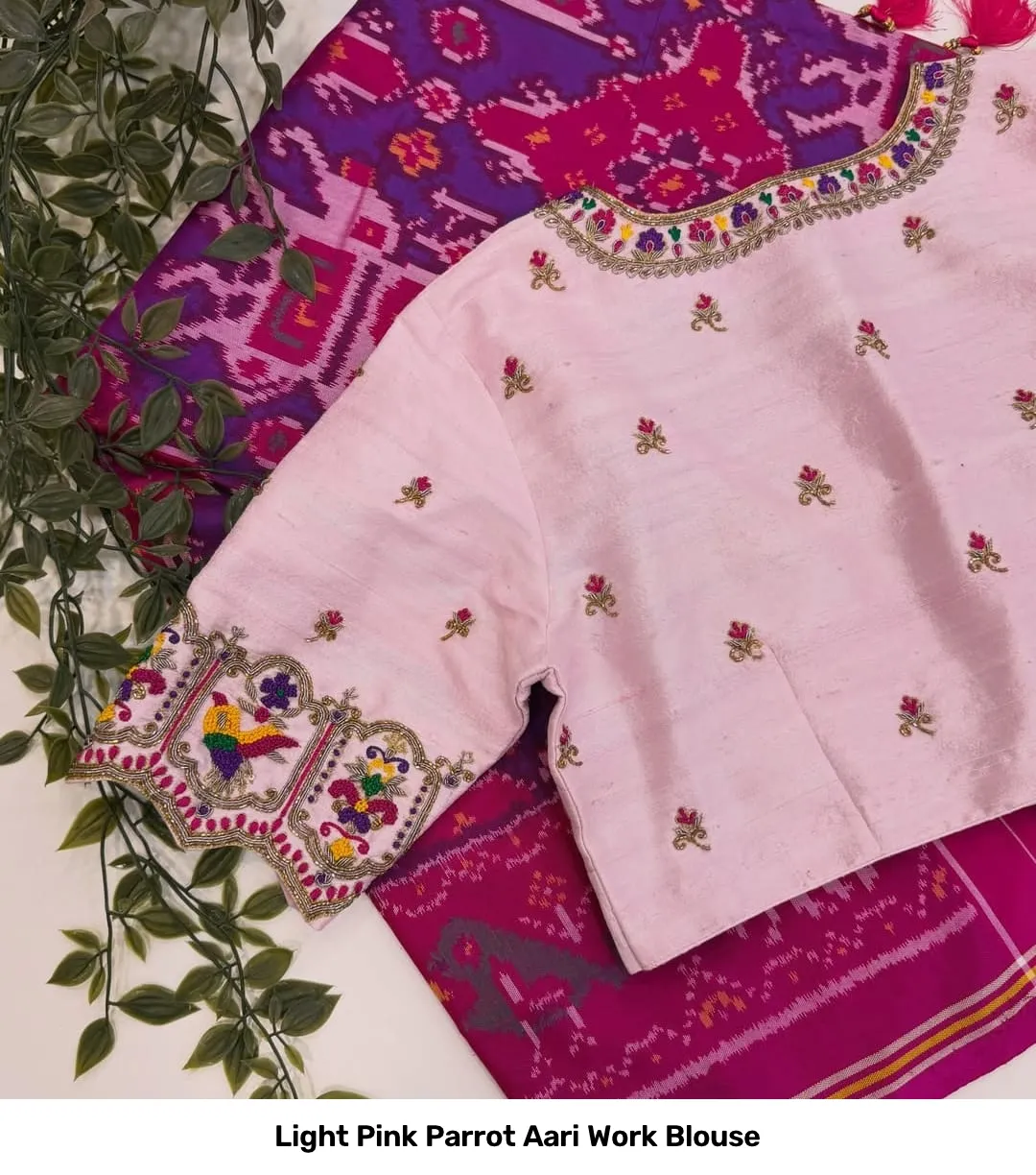 Light Pink Parrot Aari Work Blouse 3