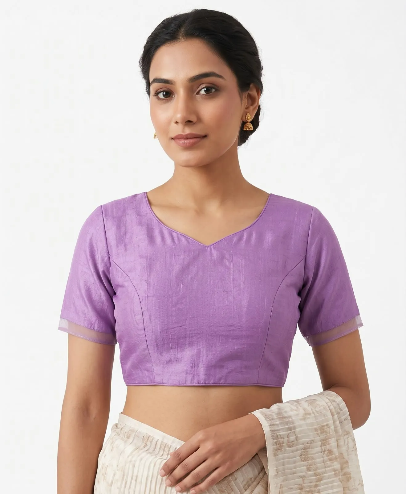 Lilac Raw Silk Blouse Illusion Net Cut Out Back