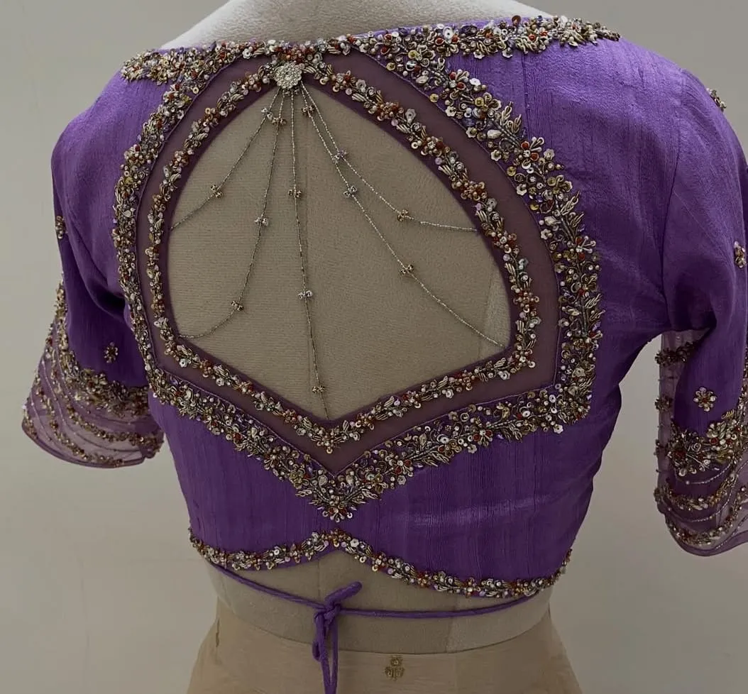 Lilac Silk Bridal Blouse Sheer Net Back Chain Maggam Work