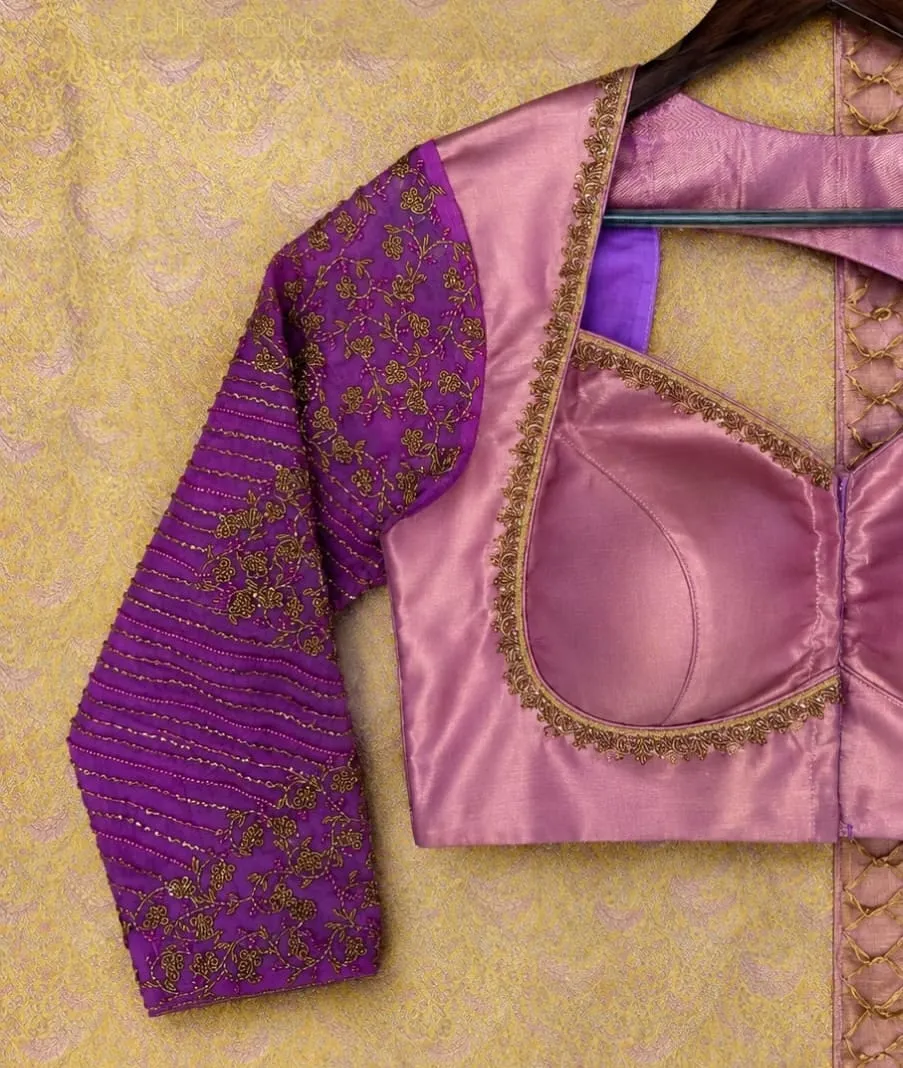 Lilac Silk Cut-Out Blouse | Hand Embroidered Purple Sleeve