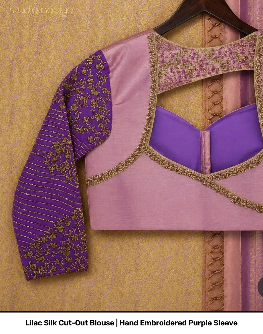 Lilac Silk Cut-Out Blouse | Hand Embroidered Purple Sleeve 2