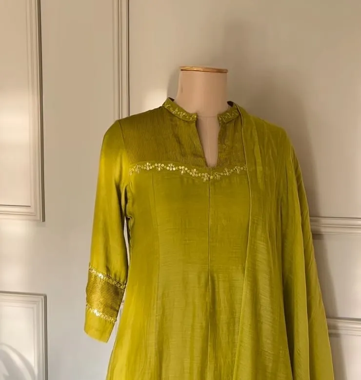 Lime Green Chanderi Silk Anarkali Suit Set with Dupatta