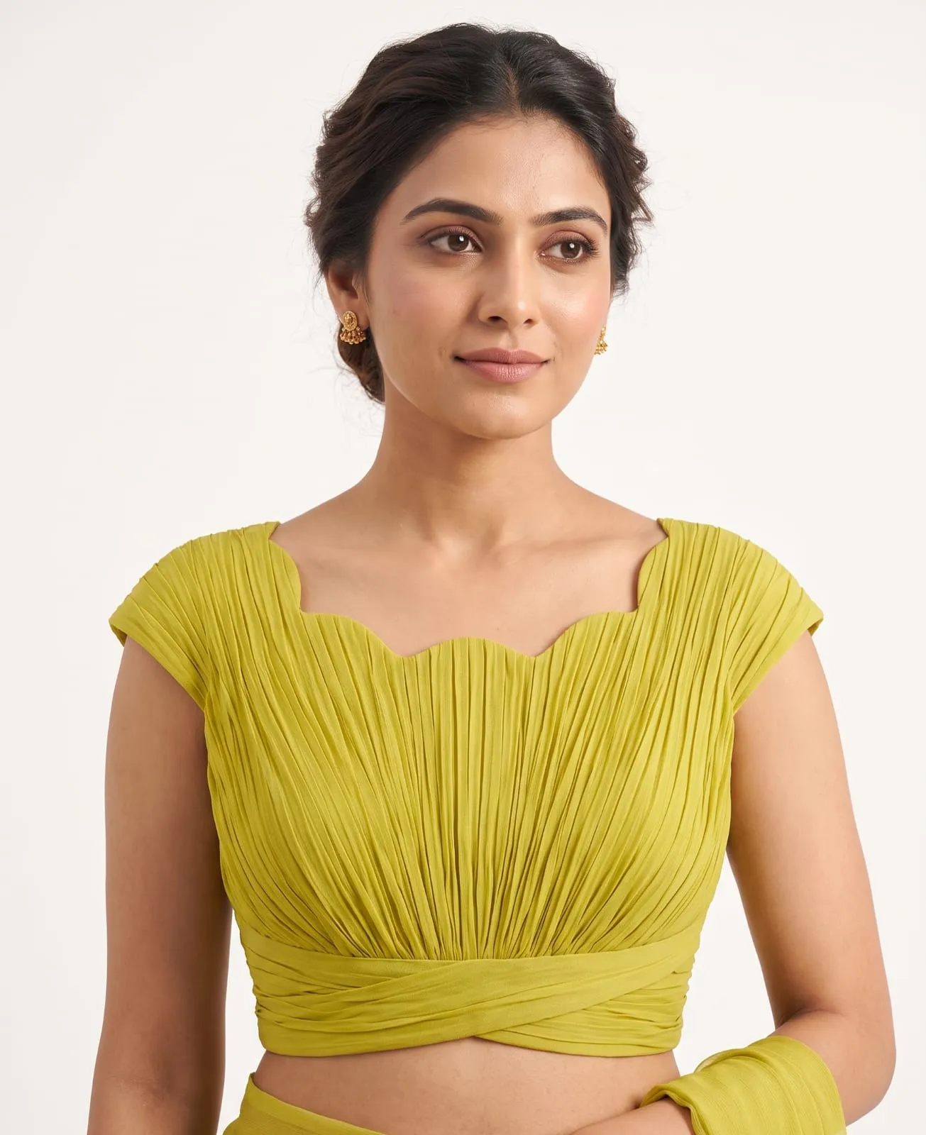Lime Green Pleated Georgette Blouse Scallop Neck