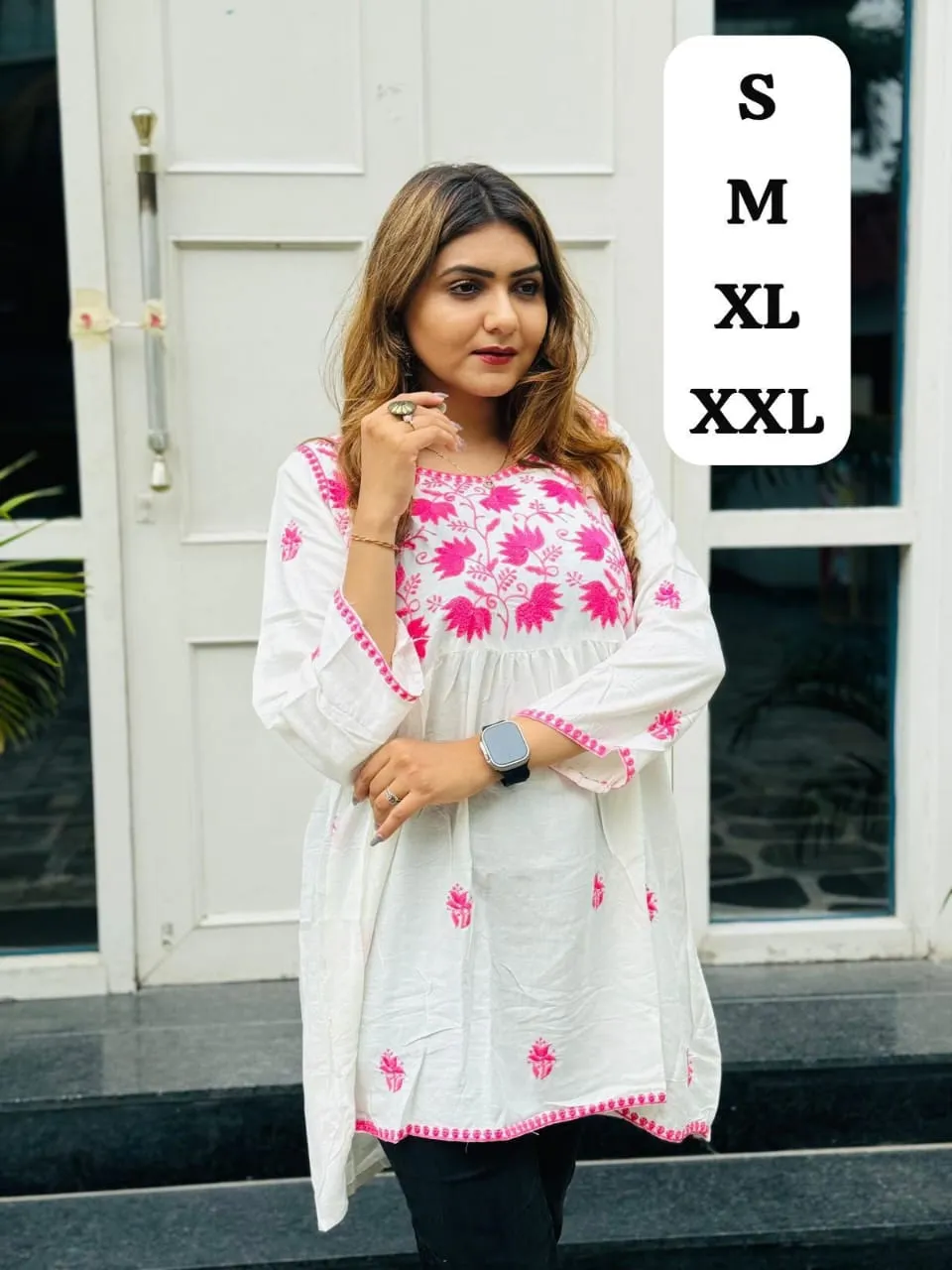 Lucknowi Chikankari Hand Embroidered Rayon Short Kurti for Jeans | Peplum Frock Style Tunic Top (Sizes S to XXL)