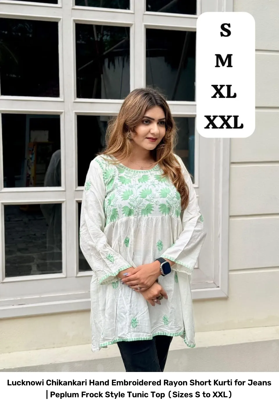 Lucknowi Chikankari Hand Embroidered Rayon Short Kurti for Jeans | Peplum Frock Style Tunic Top (Sizes S to XXL) 3