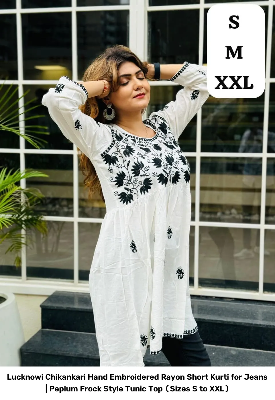 Lucknowi Chikankari Hand Embroidered Rayon Short Kurti for Jeans | Peplum Frock Style Tunic Top (Sizes S to XXL) 4