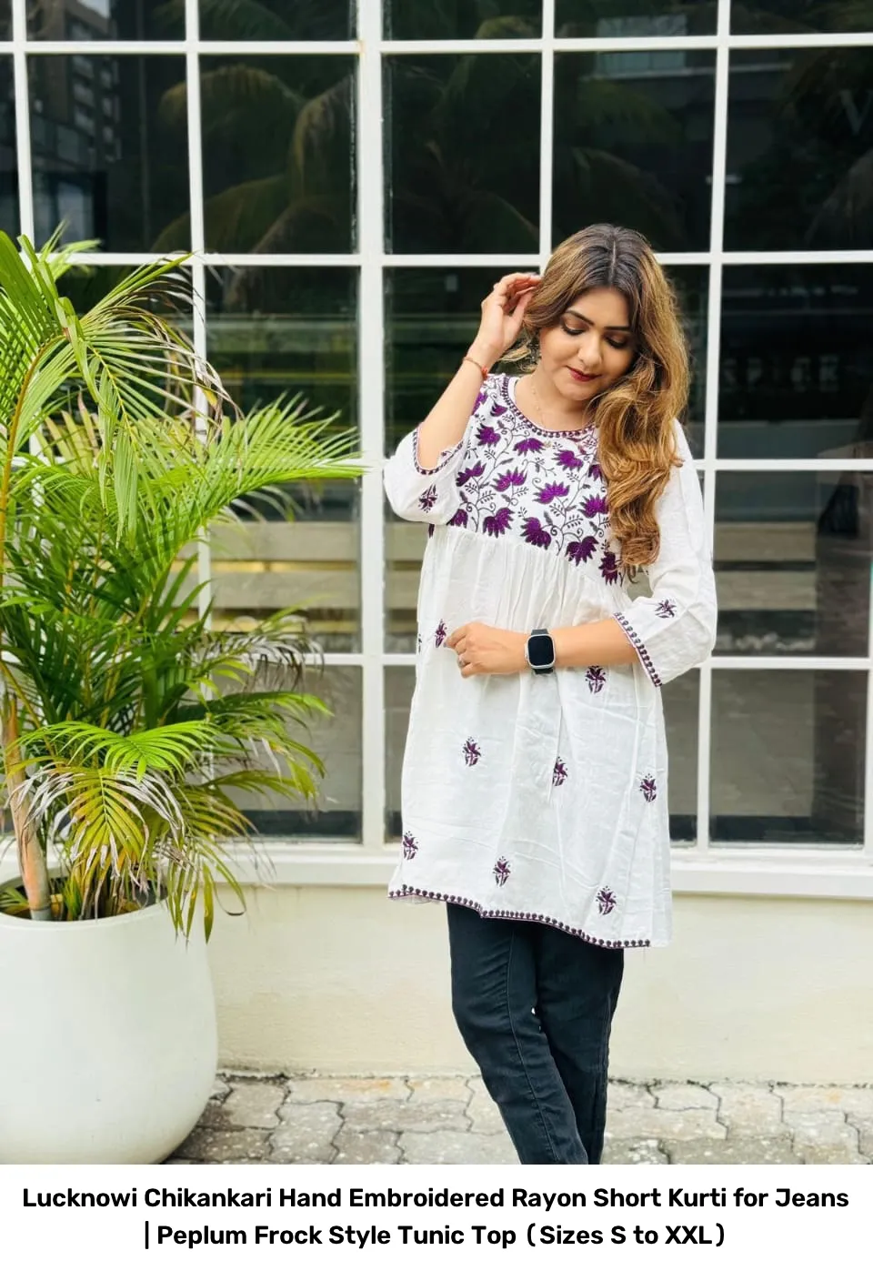 Lucknowi Chikankari Hand Embroidered Rayon Short Kurti for Jeans | Peplum Frock Style Tunic Top (Sizes S to XXL) 5