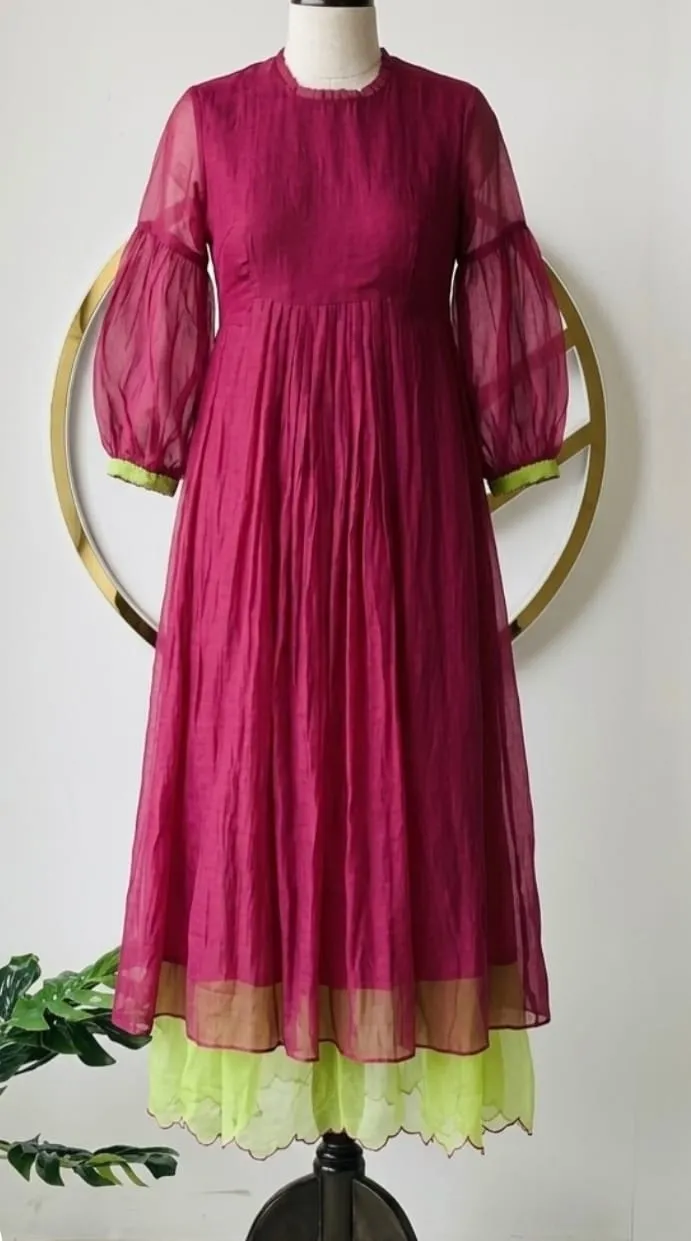Magenta Crinkle Layered Long Frock