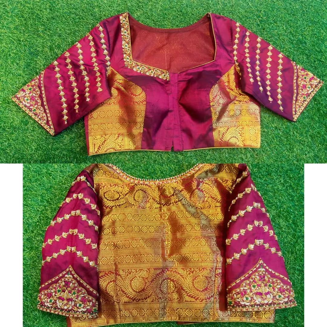 Magenta Pattu Silk Blouse with Heavy Brocade Back & Maggam Sleeves