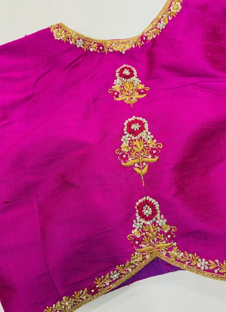 Magenta Pink Raw Silk Aari Work Blouse Wholesale | Handwork Maggam Embroidery Readymade Saree Blouse