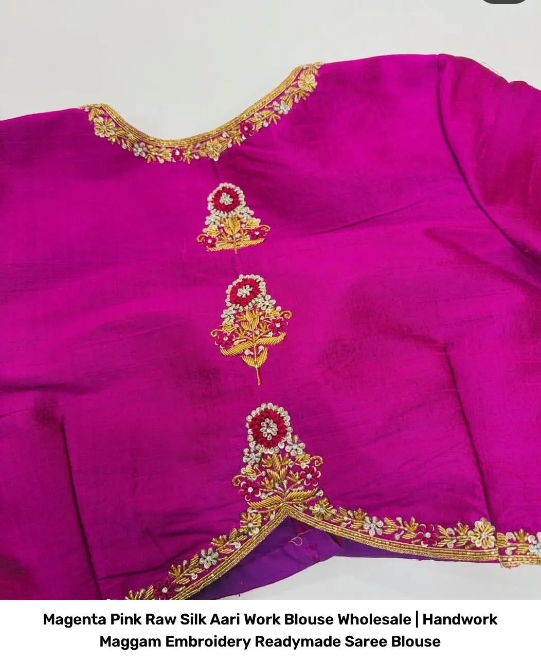 Magenta Pink Raw Silk Aari Work Blouse Wholesale | Handwork Maggam Embroidery Readymade Saree Blouse 2