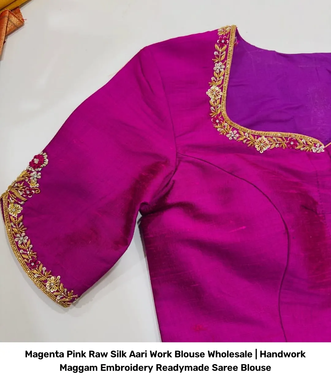Magenta Pink Raw Silk Aari Work Blouse Wholesale | Handwork Maggam Embroidery Readymade Saree Blouse 3