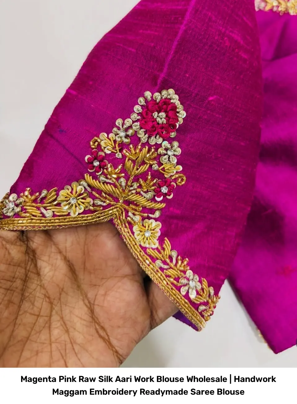 Magenta Pink Raw Silk Aari Work Blouse Wholesale | Handwork Maggam Embroidery Readymade Saree Blouse 4