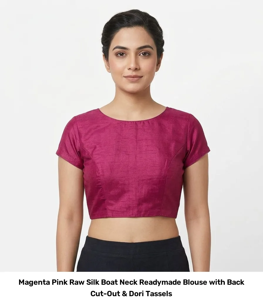 Magenta Pink Raw Silk Boat Neck Readymade Blouse with Back Cut-Out & Dori Tassels 2