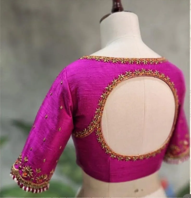 Magenta Pink Raw Silk Maggam Work Blouse | Round Cutout Back Neck Designer Bridal Saree Blouse