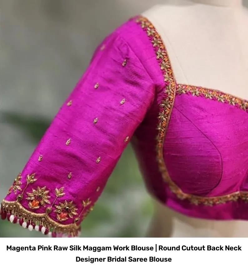 Magenta Pink Raw Silk Maggam Work Blouse | Round Cutout Back Neck Designer Bridal Saree Blouse 2