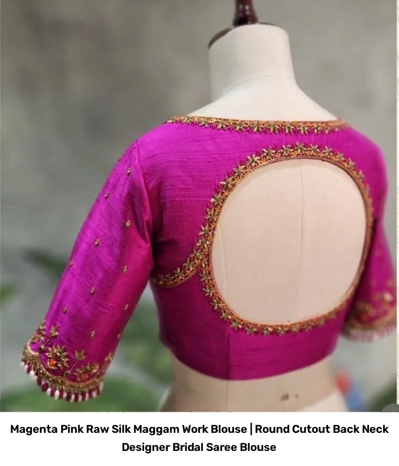 Magenta Pink Raw Silk Maggam Work Blouse | Round Cutout Back Neck Designer Bridal Saree Blouse 4
