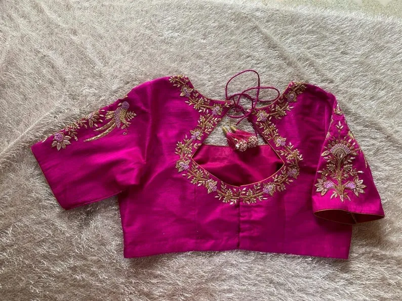 Magenta Pink Raw Silk Maggam Work Bridal Blouse | Wholesale Price