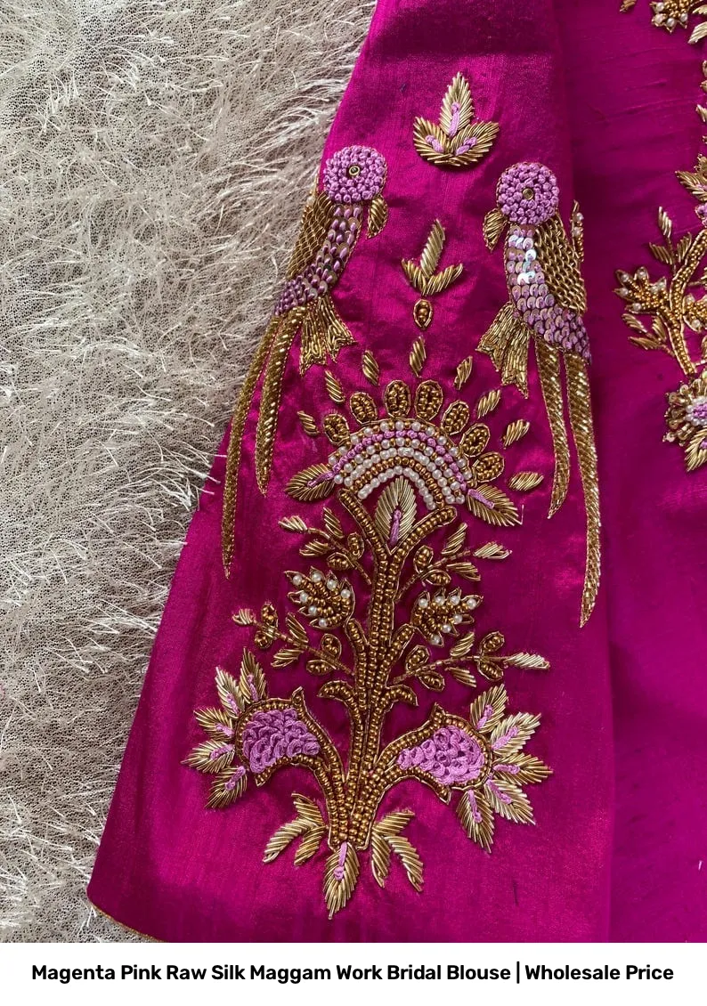 Magenta Pink Raw Silk Maggam Work Bridal Blouse | Wholesale Price 3