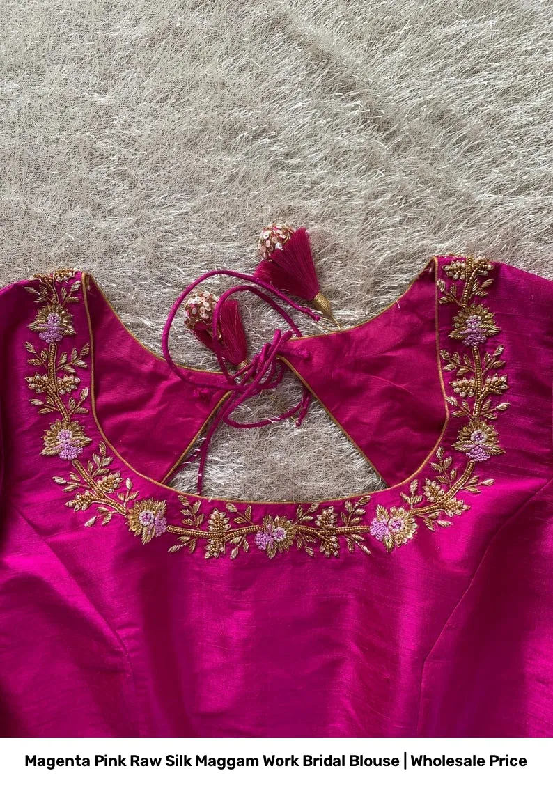 Magenta Pink Raw Silk Maggam Work Bridal Blouse | Wholesale Price 7