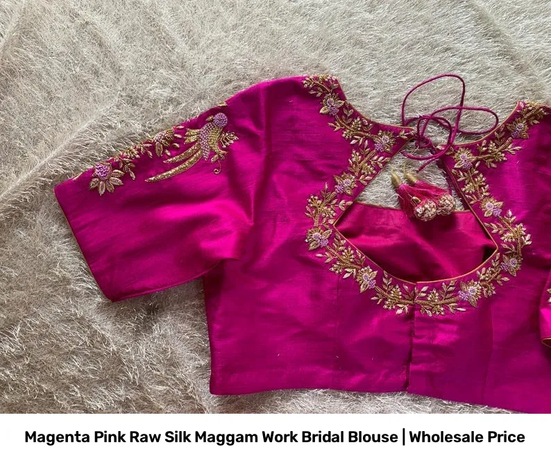 Magenta Pink Raw Silk Maggam Work Bridal Blouse | Wholesale Price 8