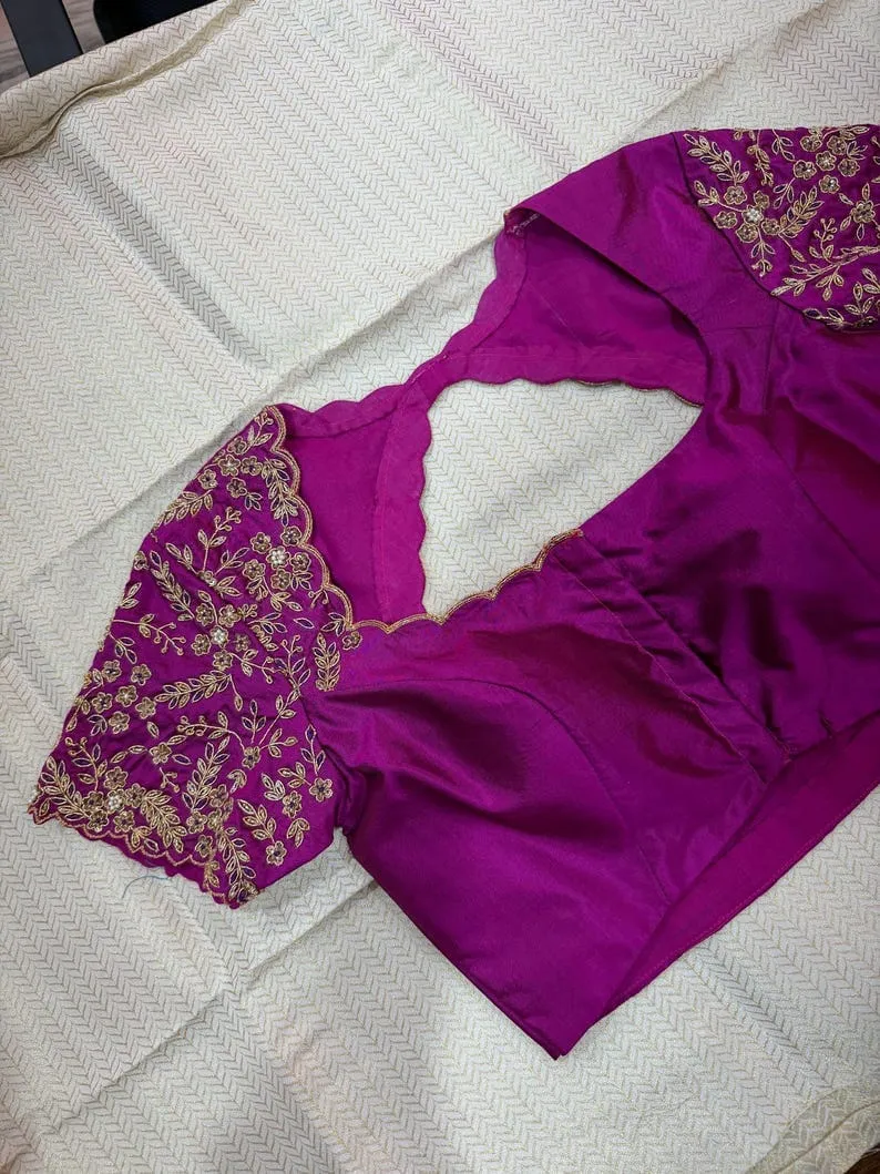 Magenta Pink Raw Silk Readymade Blouse | Scallop Cutwork Neck & Zari Embroidered Sleeves Padded Saree Blouse