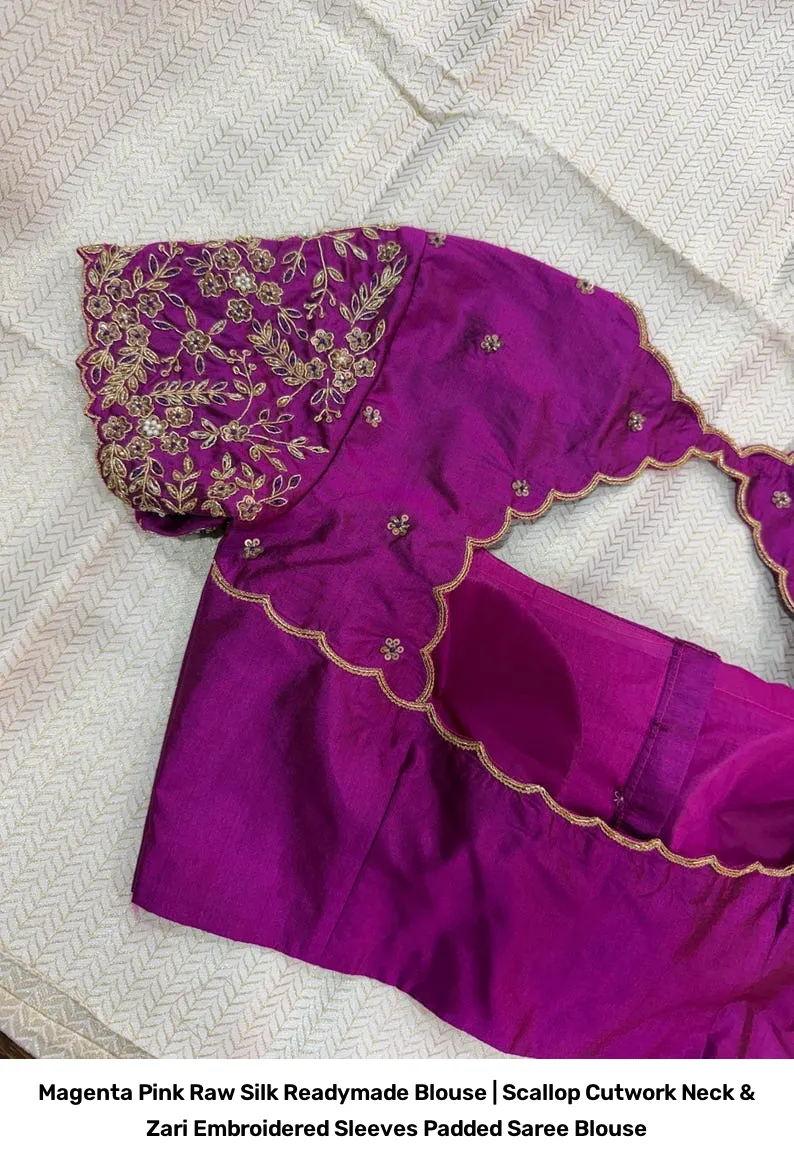 Magenta Pink Raw Silk Readymade Blouse | Scallop Cutwork Neck & Zari Embroidered Sleeves Padded Saree Blouse 2